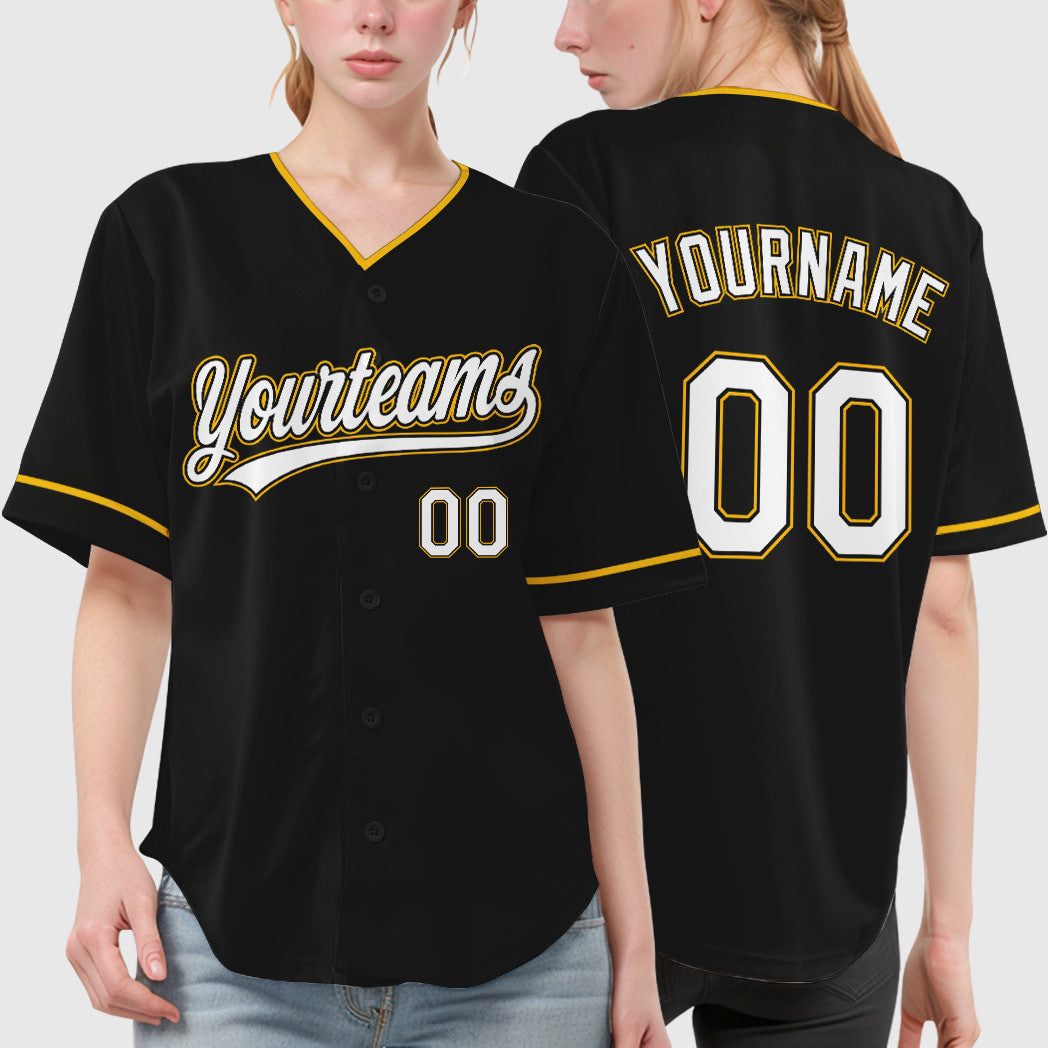 Custom Black White White-Gold Collar Sleeve Baseball Jersey