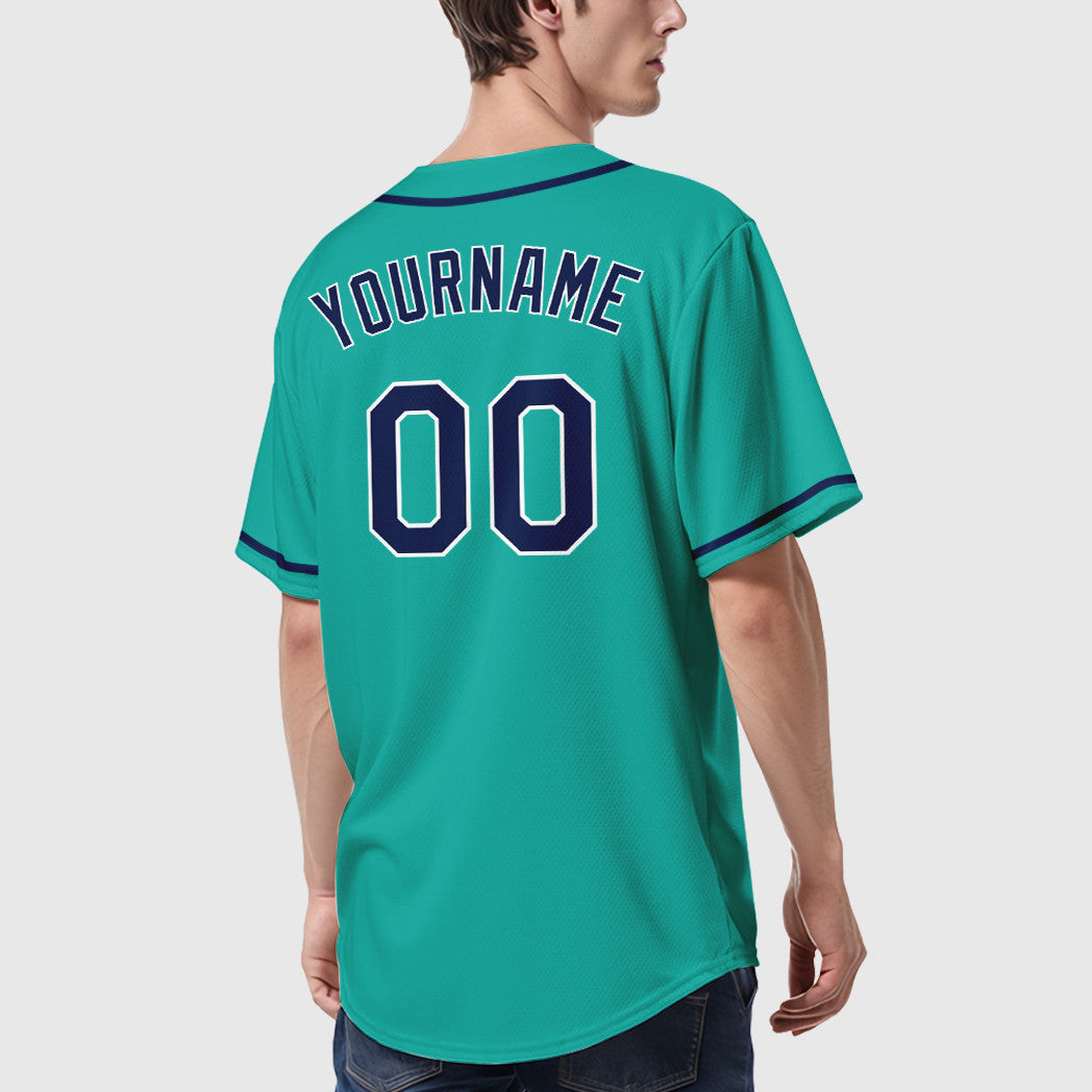 Custom Aqua White Navy Sleeve Baseball Jersey