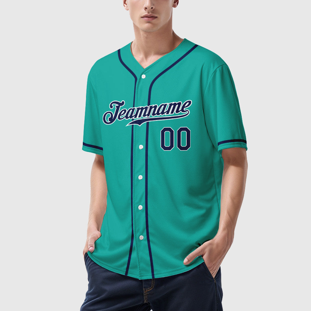 Custom Aqua White Navy Sleeve Baseball Jersey