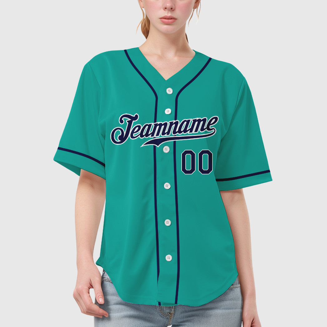 Custom Aqua White Navy Sleeve Baseball Jersey