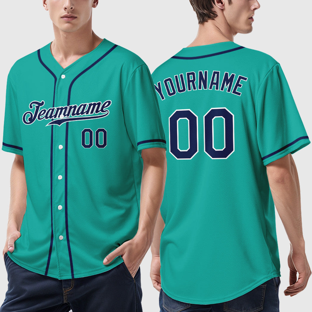 Custom Aqua White Navy Sleeve Baseball Jersey
