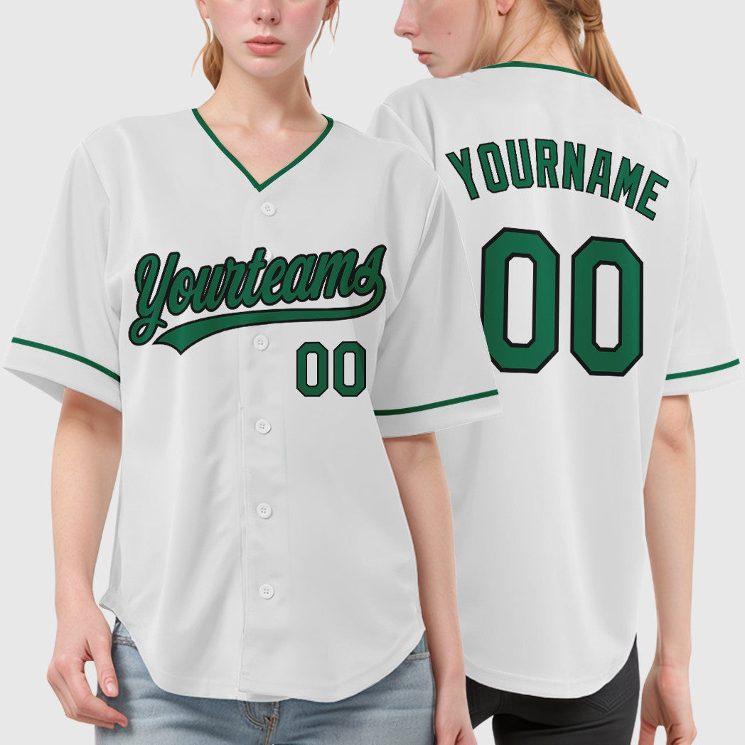 Custom White Kelly Green Black Collar Sleeve Baseball Jersey