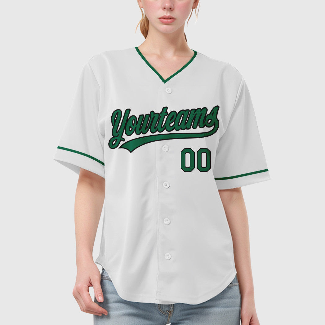 Custom White Kelly Green Black Collar Sleeve Baseball Jersey