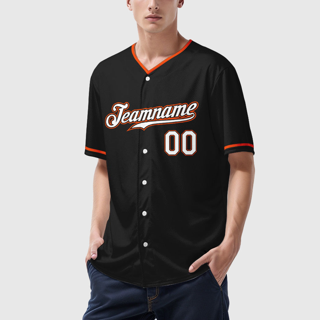 Custom Black White White-Orange Collar Sleeve Baseball Jersey