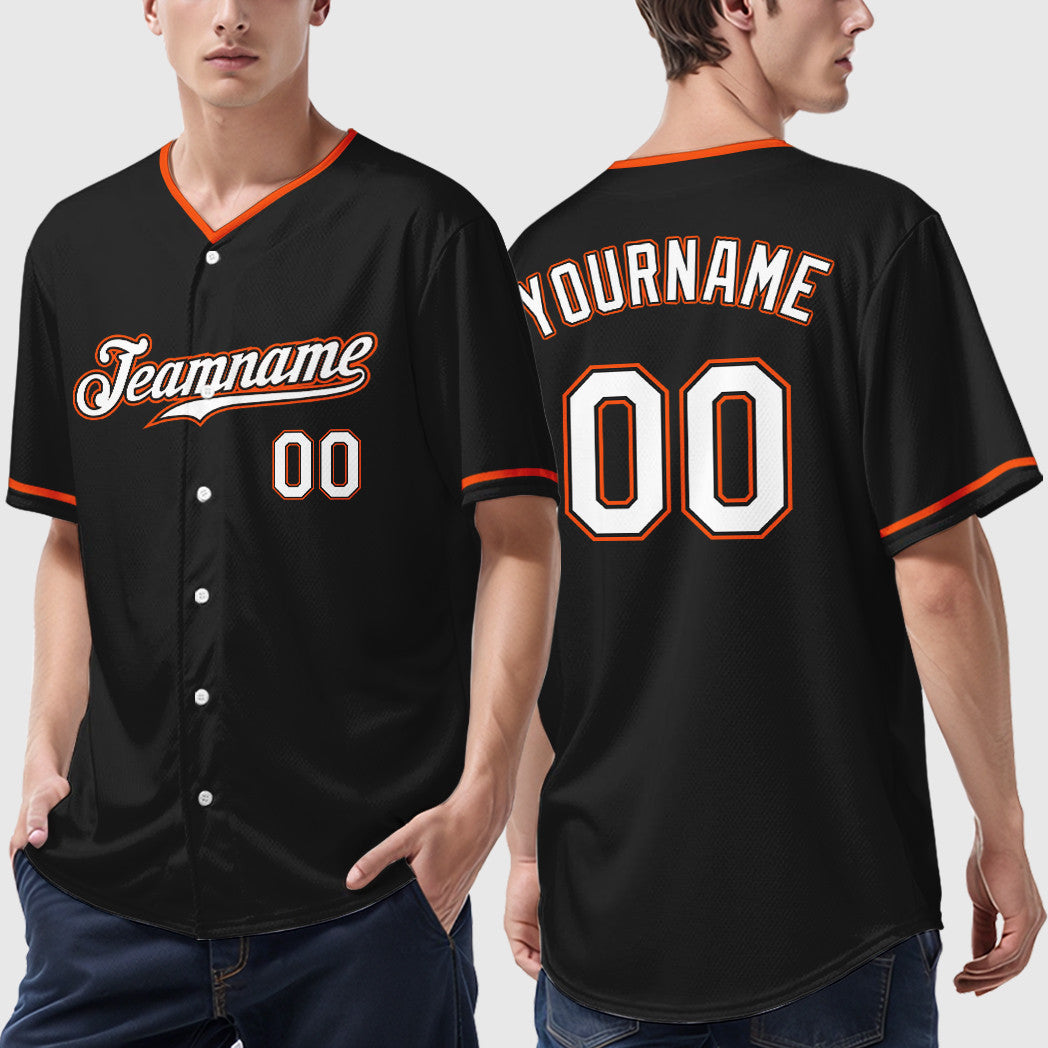 Custom Black White White-Orange Collar Sleeve Baseball Jersey