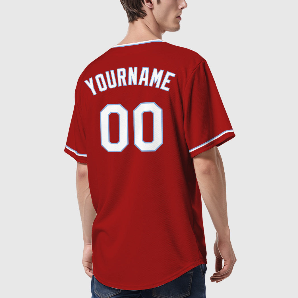 Custom Red White White-Light Blue Collar Sleeve Baseball Jersey
