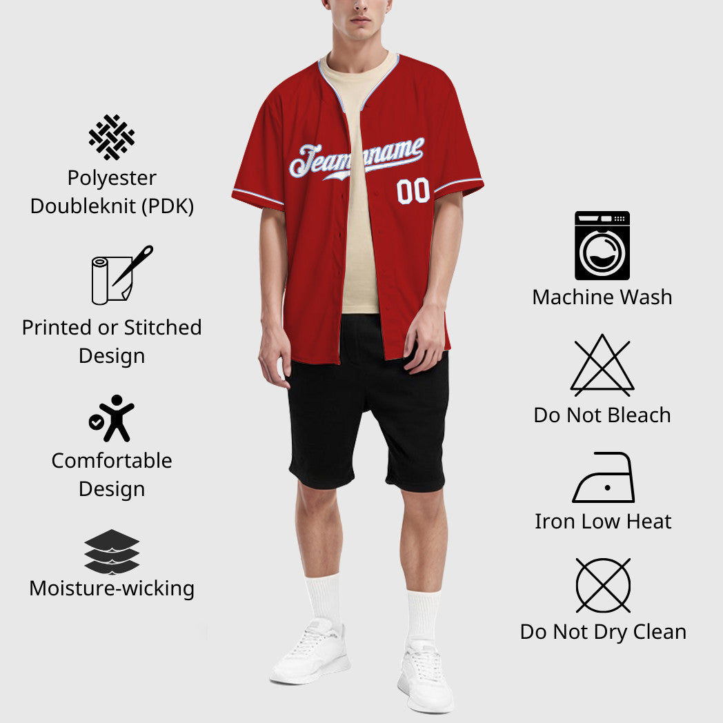 Custom Red White White-Light Blue Collar Sleeve Baseball Jersey