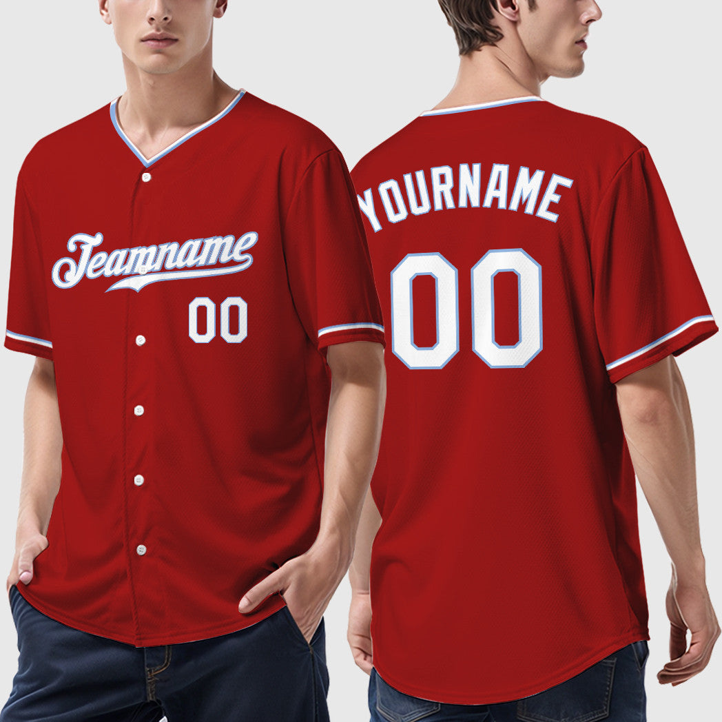 Custom Red White White-Light Blue Collar Sleeve Baseball Jersey