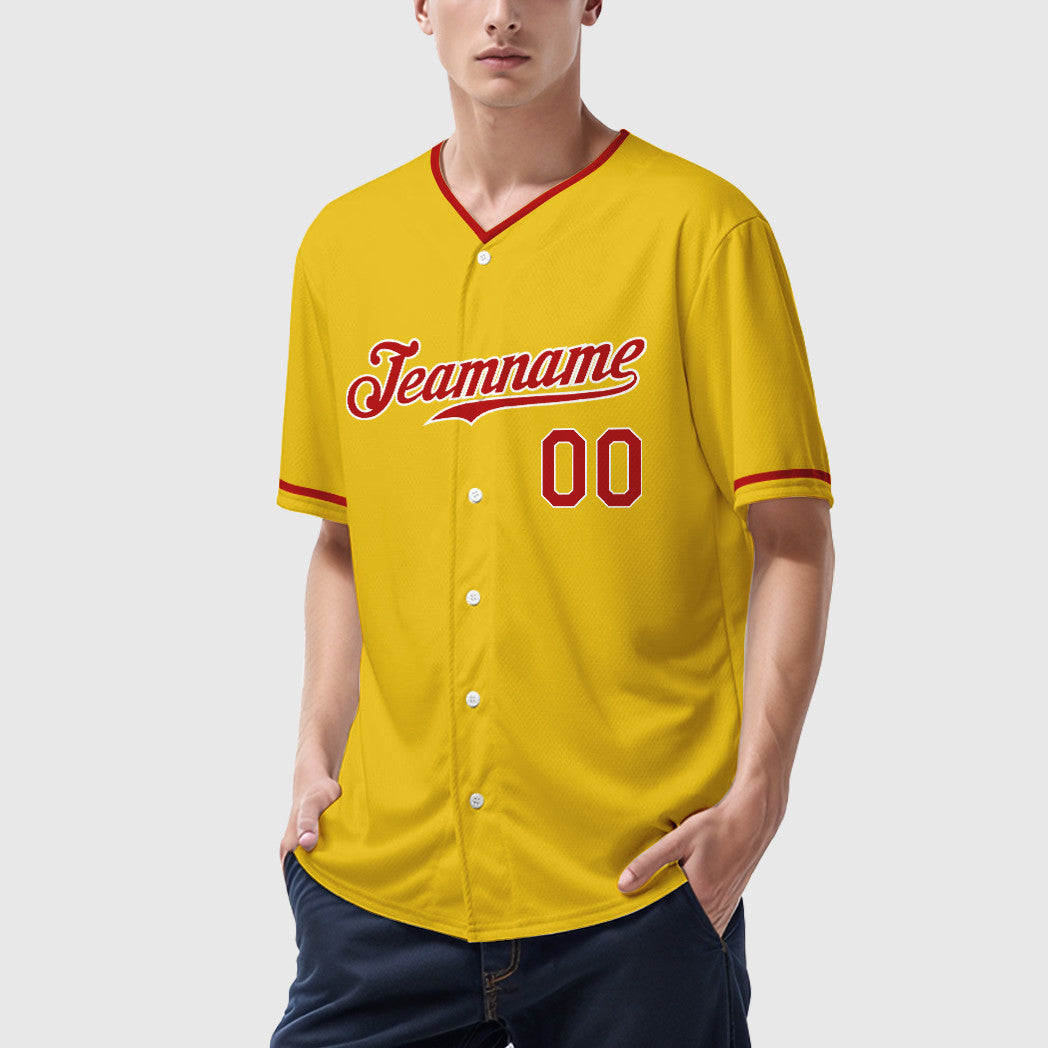 Custom Yellow Black Red-White Collar Sleeve Baseball Jersey