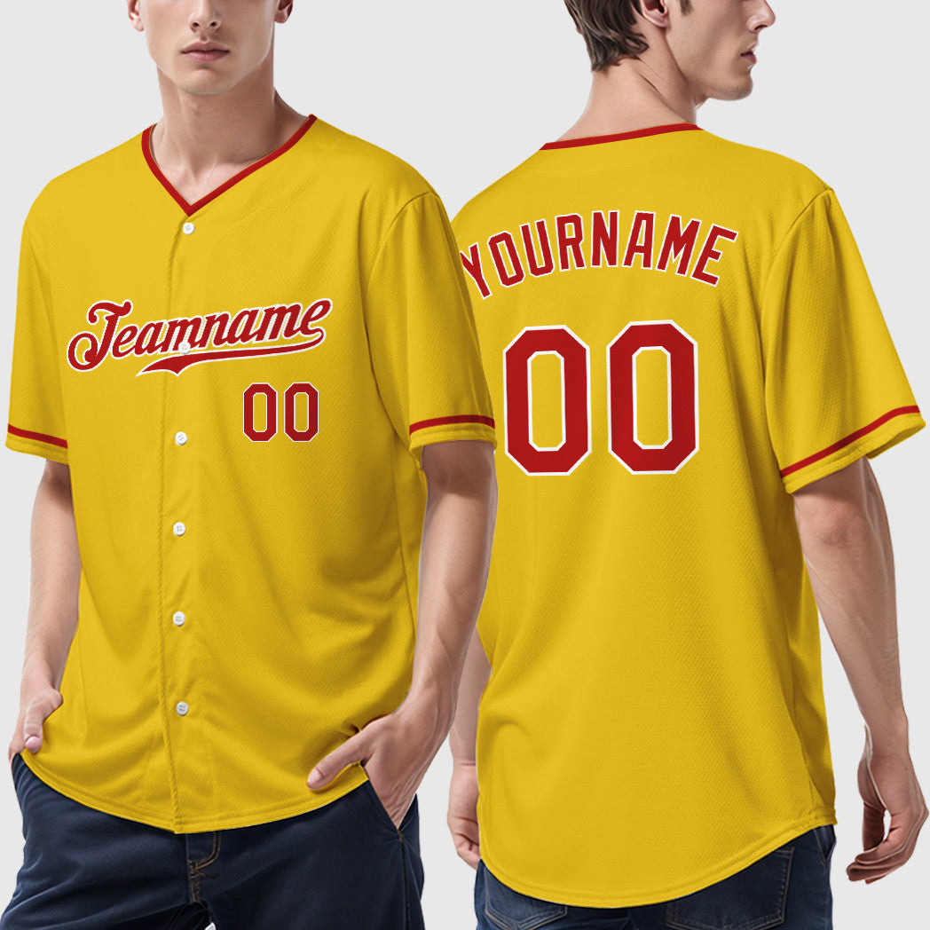 Custom Yellow Black Red-White Collar Sleeve Baseball Jersey