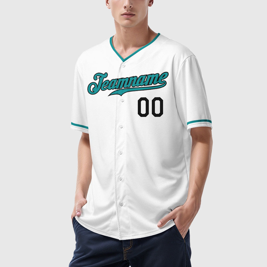 Custom White Black Teal Collar Sleeve Baseball Jersey