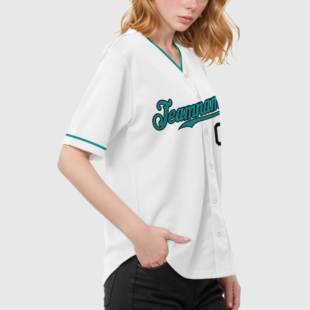 Custom White Black Teal Collar Sleeve Baseball Jersey