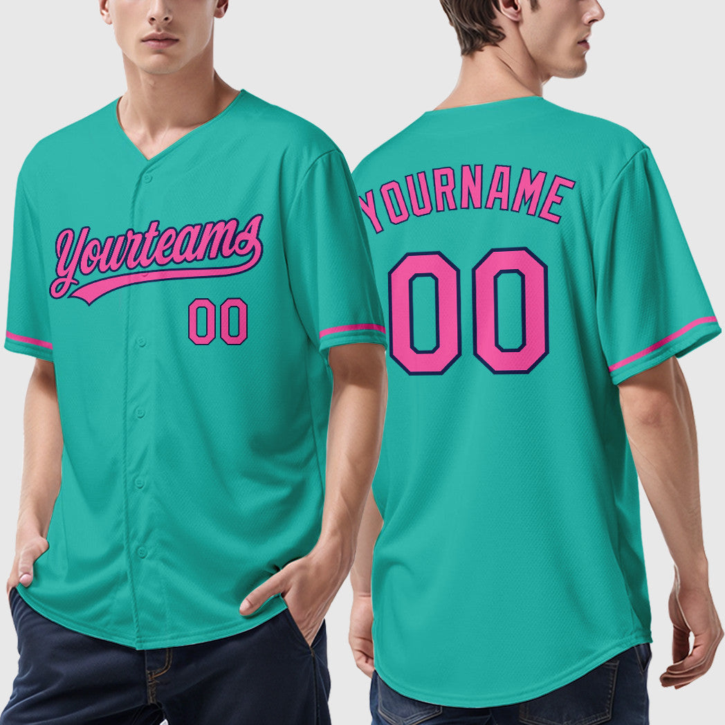 Custom Aqua White Pink-Navy Baseball Jersey