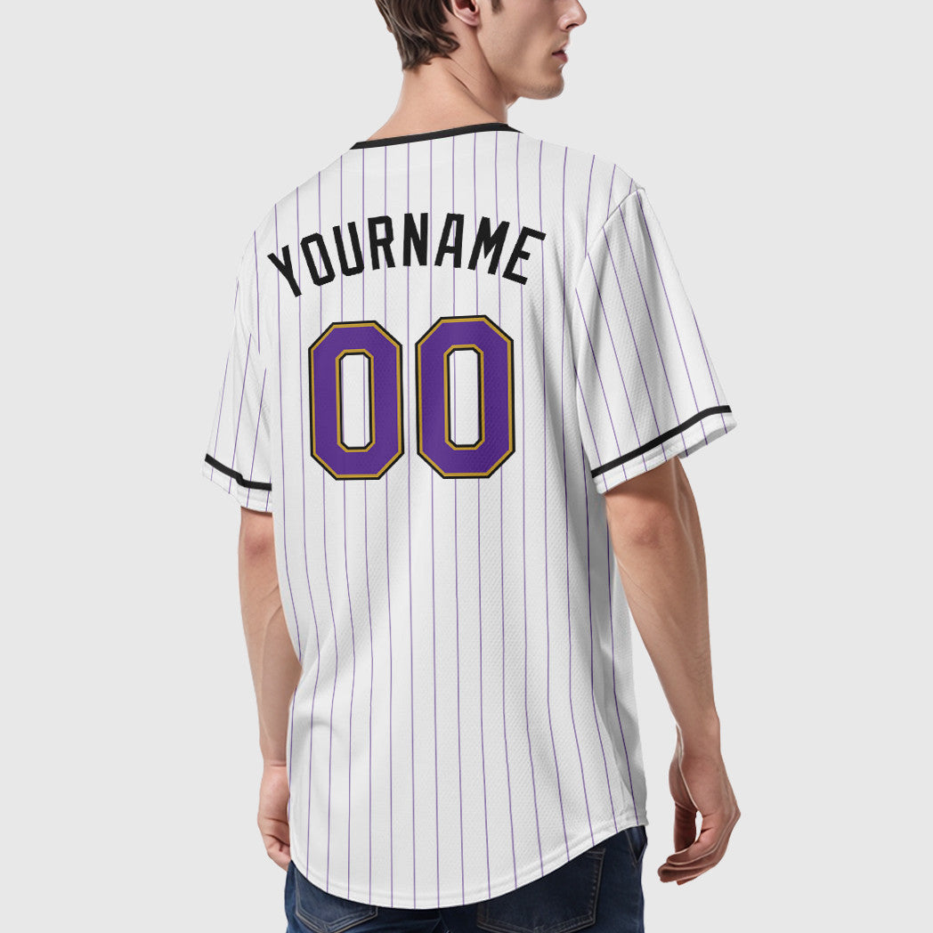 Custom White Purple Purple Old Gold-Black Pinstripe Baseball Jersey
