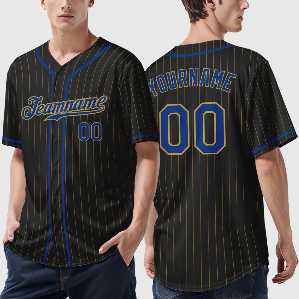 Custom Black Old Gold Royal Piping Pinstripe Baseball Jersey