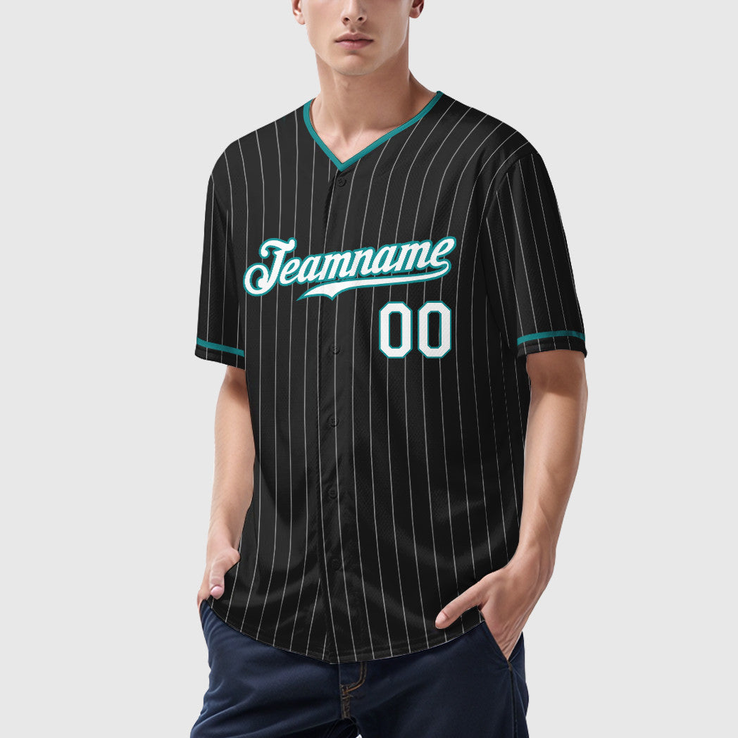 Custom Black Aqua Teal-White Pinstripe Baseball Jersey