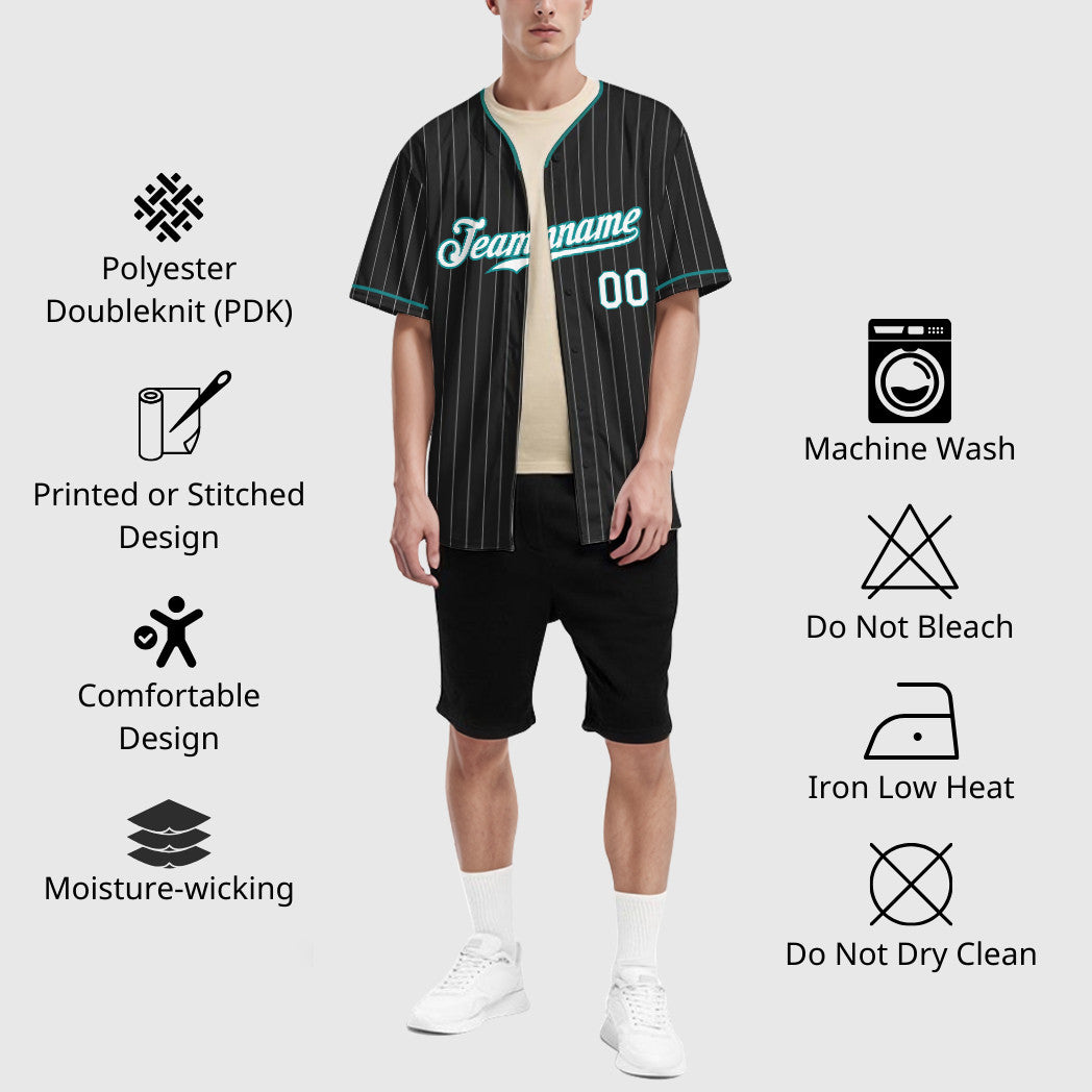 Custom Black Aqua Teal-White Pinstripe Baseball Jersey