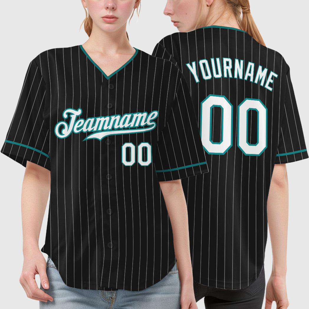 Custom Black Aqua Teal-White Pinstripe Baseball Jersey