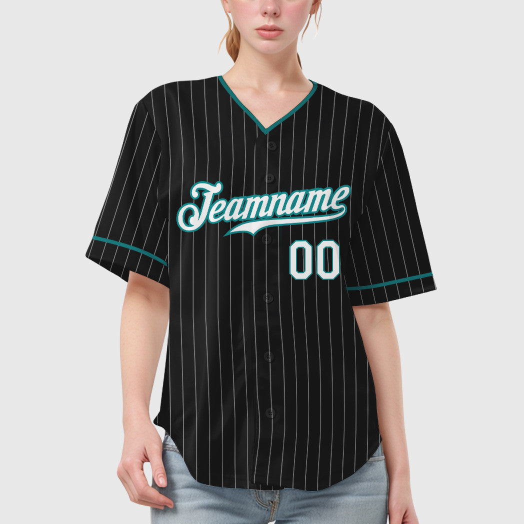 Custom Black Aqua Teal-White Pinstripe Baseball Jersey