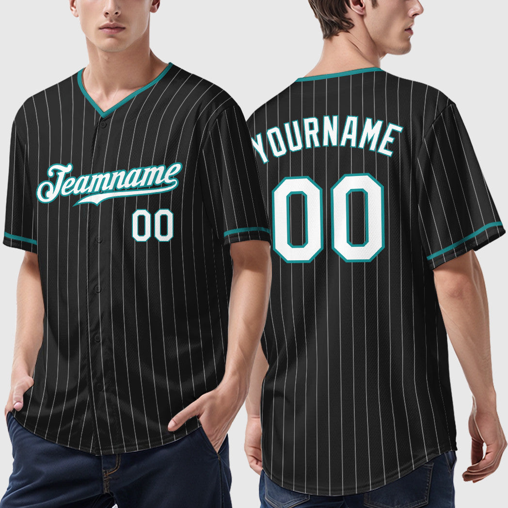 Custom Black Aqua Teal-White Pinstripe Baseball Jersey