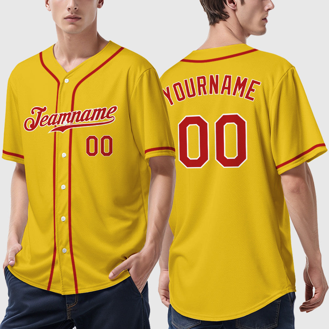 Custom Yellow Black Red-White Sleeve Baseball Jersey