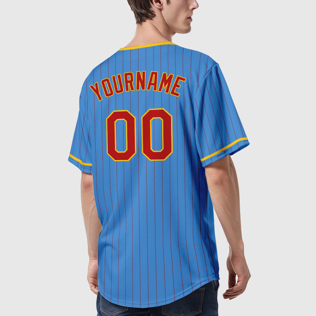 Custom Powder Blue Red Red-Gold Pinstripe Baseball Jersey