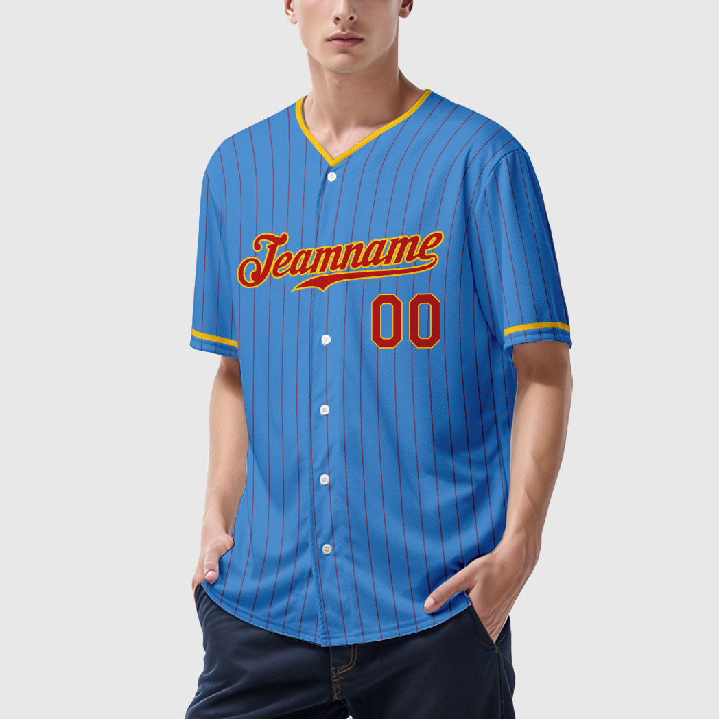 Custom Powder Blue Red Red-Gold Pinstripe Baseball Jersey