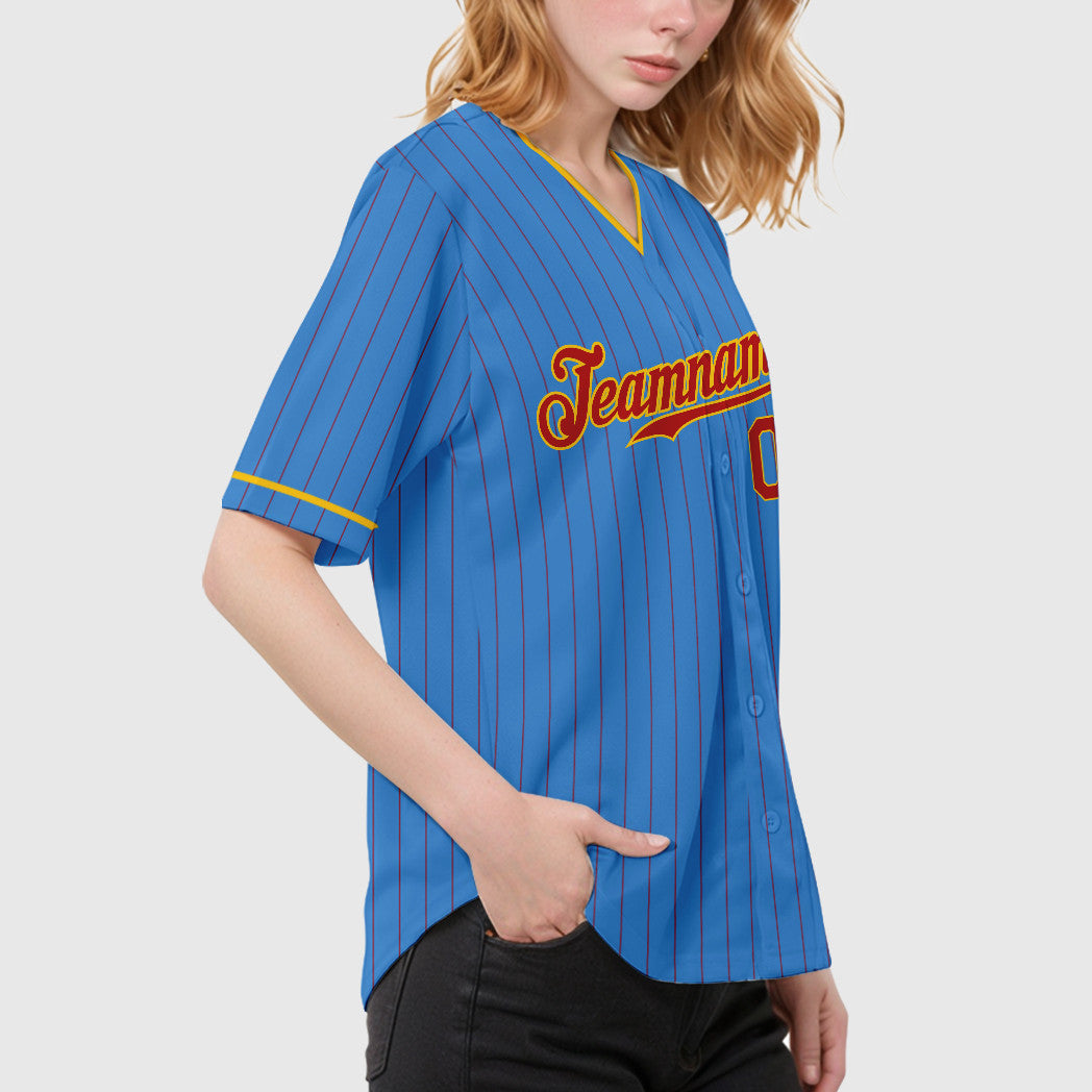 Custom Powder Blue Red Red-Gold Pinstripe Baseball Jersey
