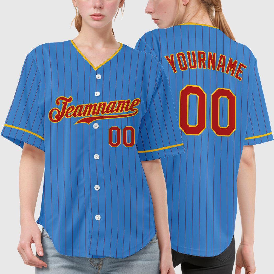Custom Powder Blue Red Red-Gold Pinstripe Baseball Jersey