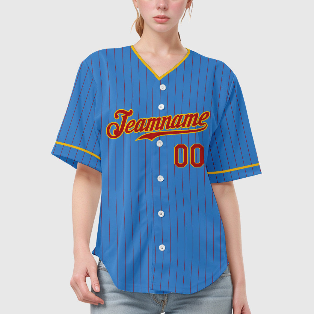 Custom Powder Blue Red Red-Gold Pinstripe Baseball Jersey