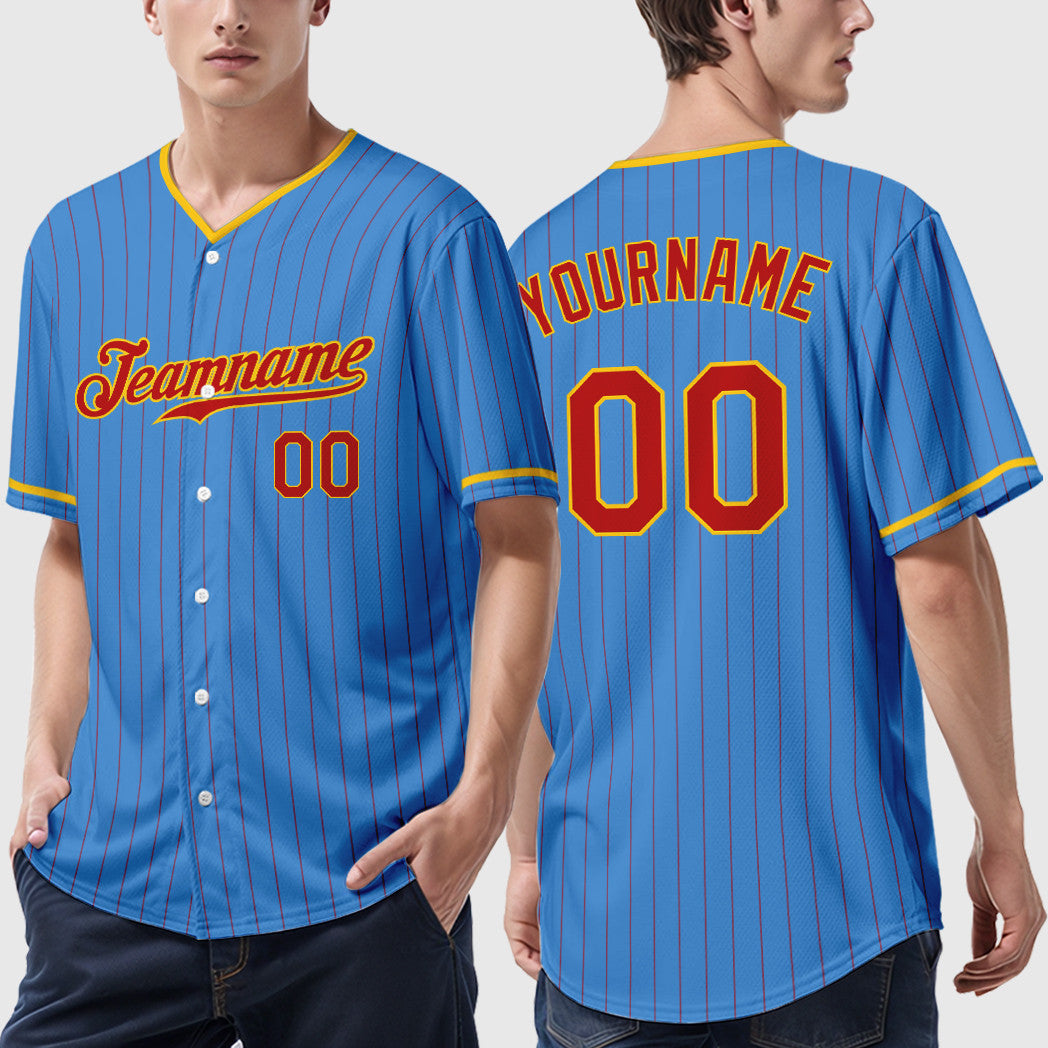 Custom Powder Blue Red Red-Gold Pinstripe Baseball Jersey