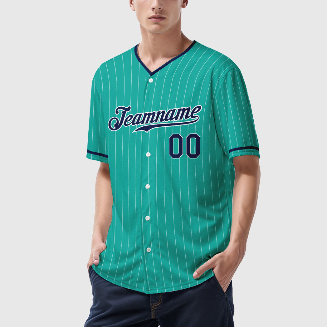 Custom Aqua White Navy Pinstripe Baseball Jersey