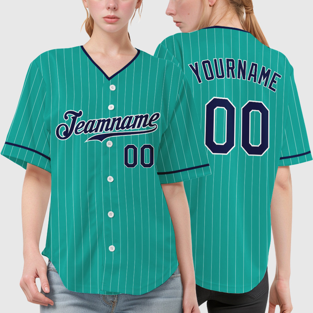 Custom Aqua White Navy Pinstripe Baseball Jersey