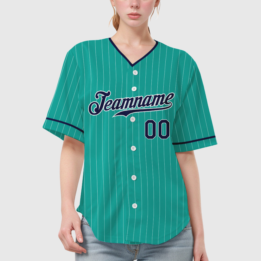 Custom Aqua White Navy Pinstripe Baseball Jersey