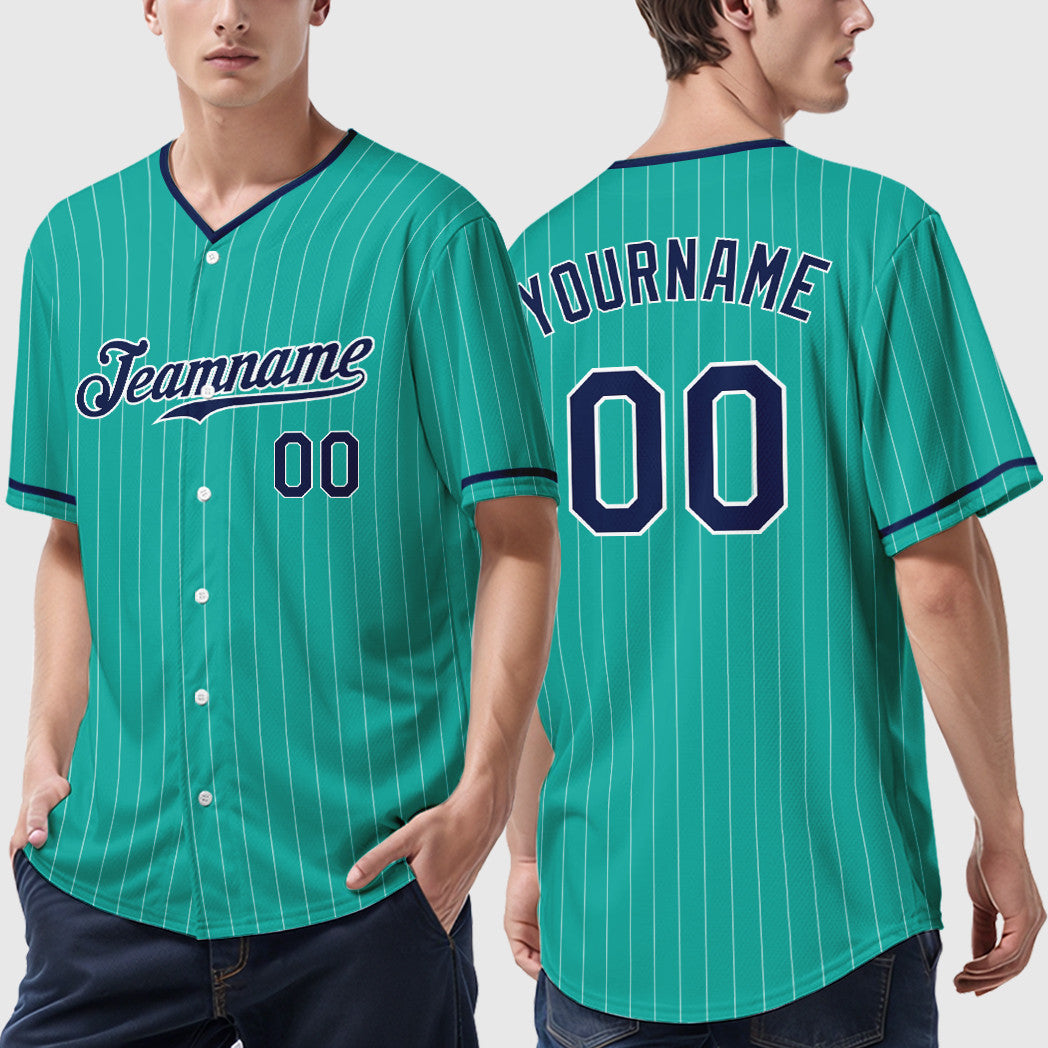 Custom Aqua White Navy Pinstripe Baseball Jersey