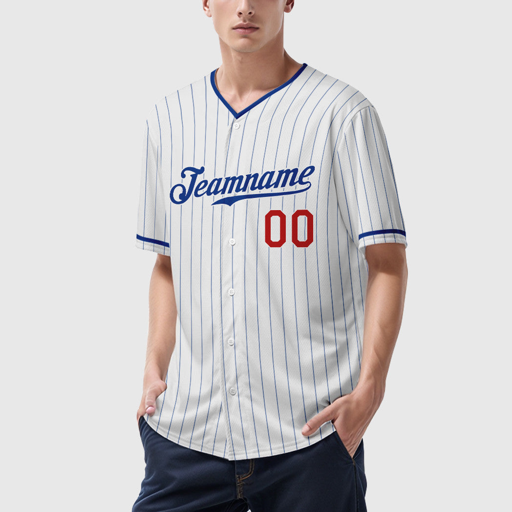 Custom White Royal Red Pinstripe Baseball Jersey