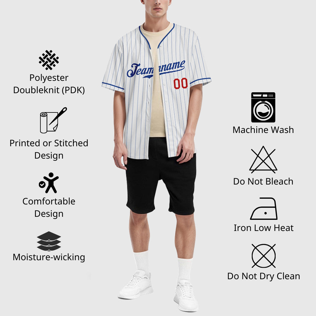 Custom White Royal Red Pinstripe Baseball Jersey