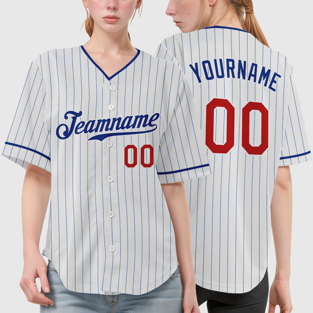 Custom White Royal Red Pinstripe Baseball Jersey