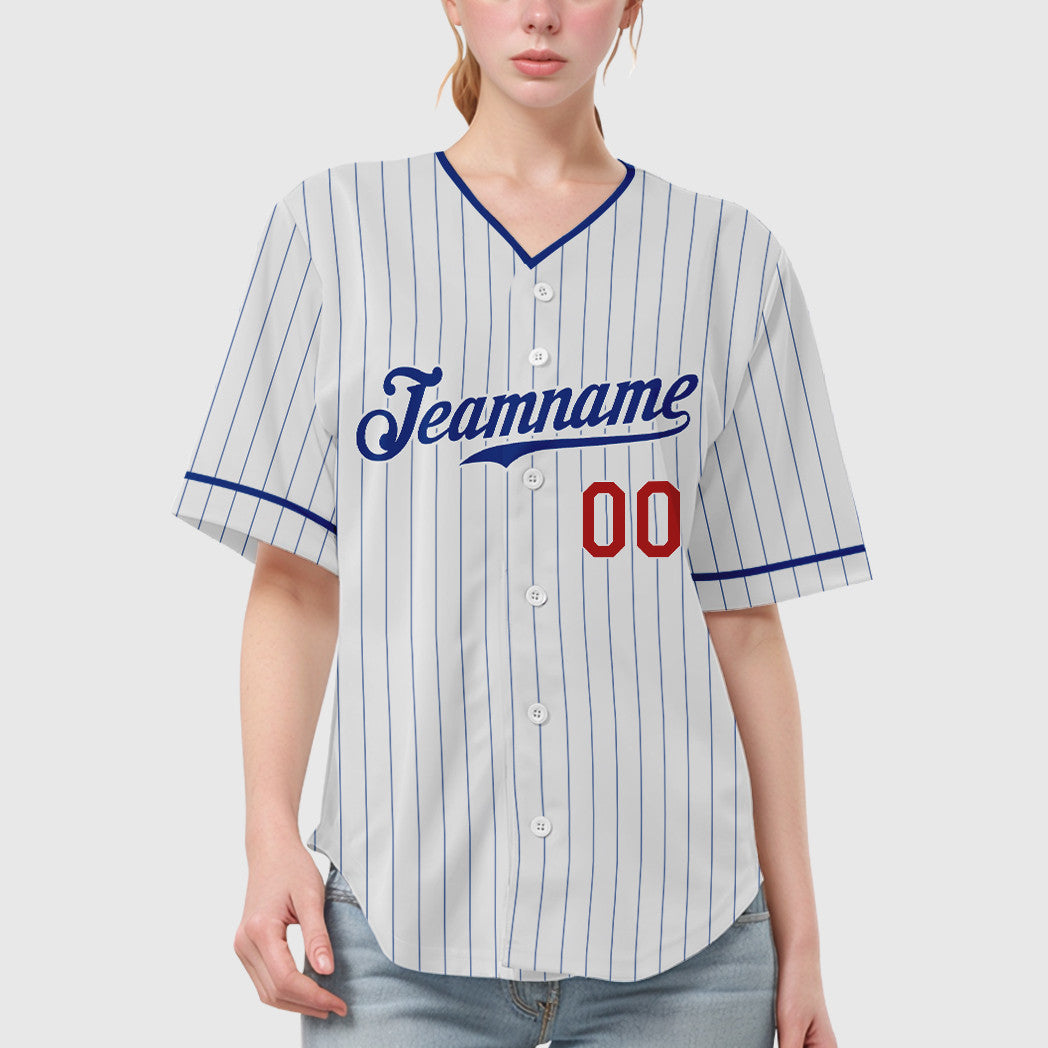 Custom White Royal Red Pinstripe Baseball Jersey