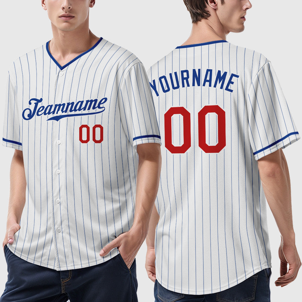Custom White Royal Red Pinstripe Baseball Jersey