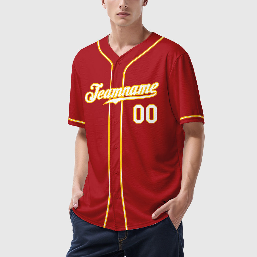 Custom Red Gold White-Gold Sleeve Baseball Jersey