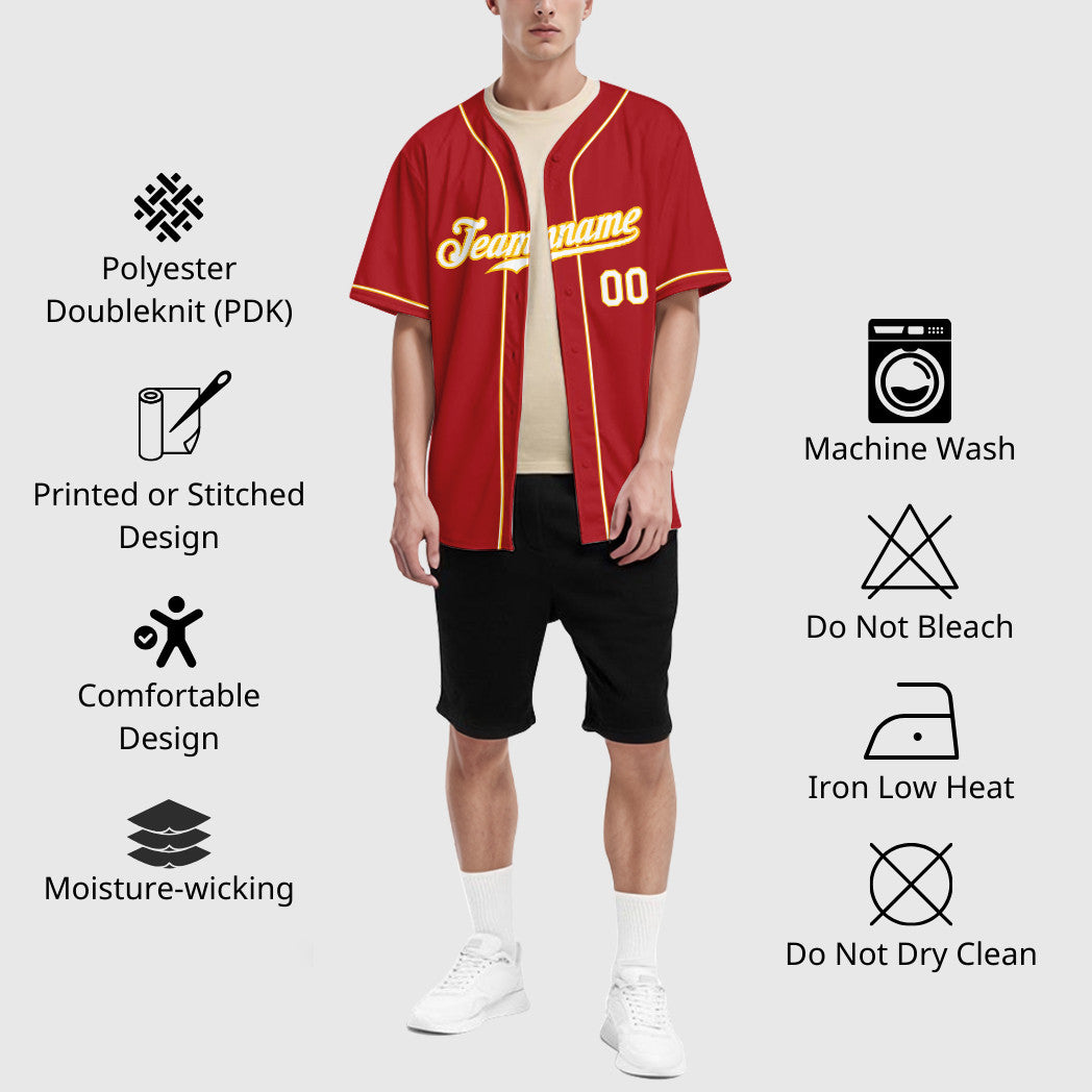 Custom Red Gold White-Gold Sleeve Baseball Jersey