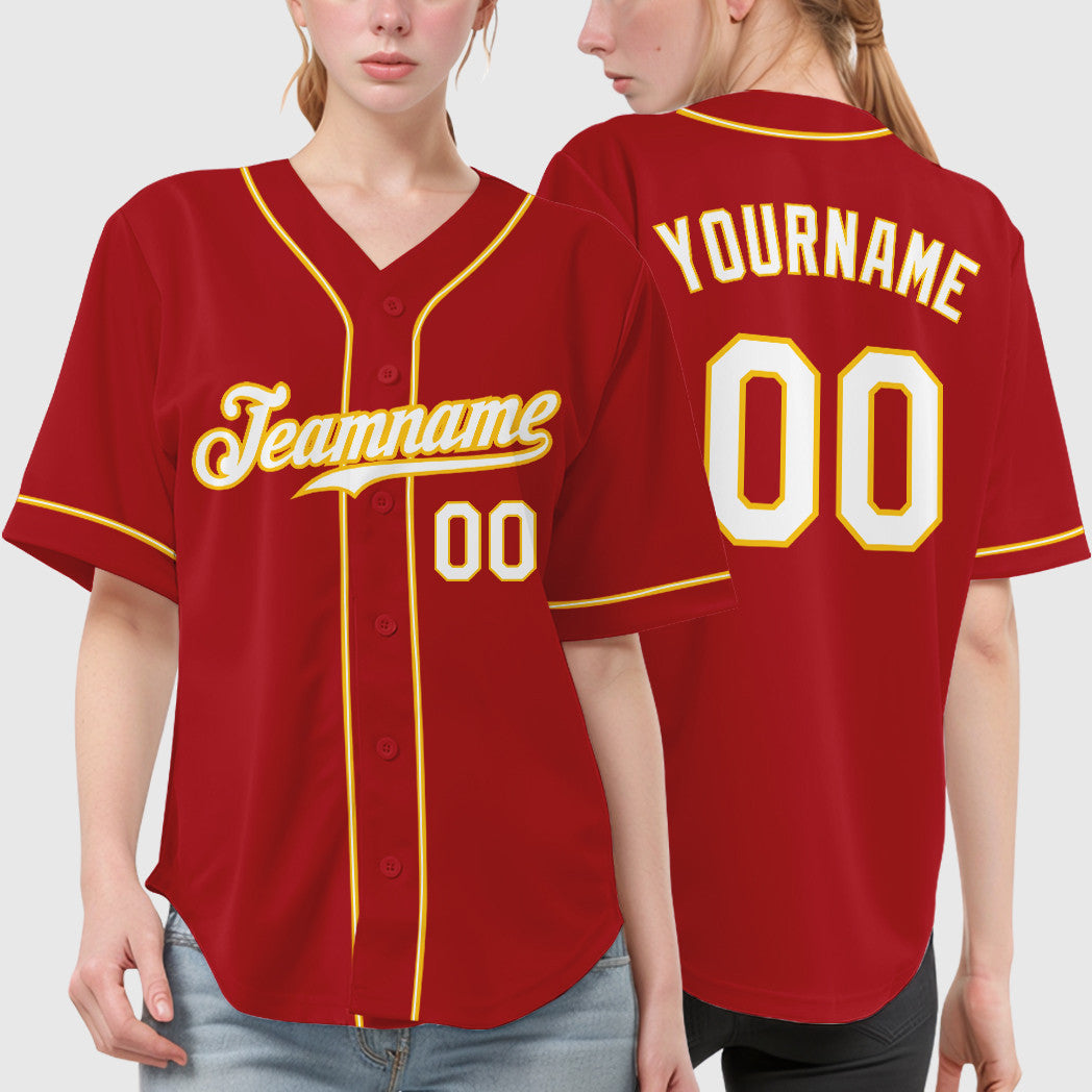 Custom Red Gold White-Gold Sleeve Baseball Jersey