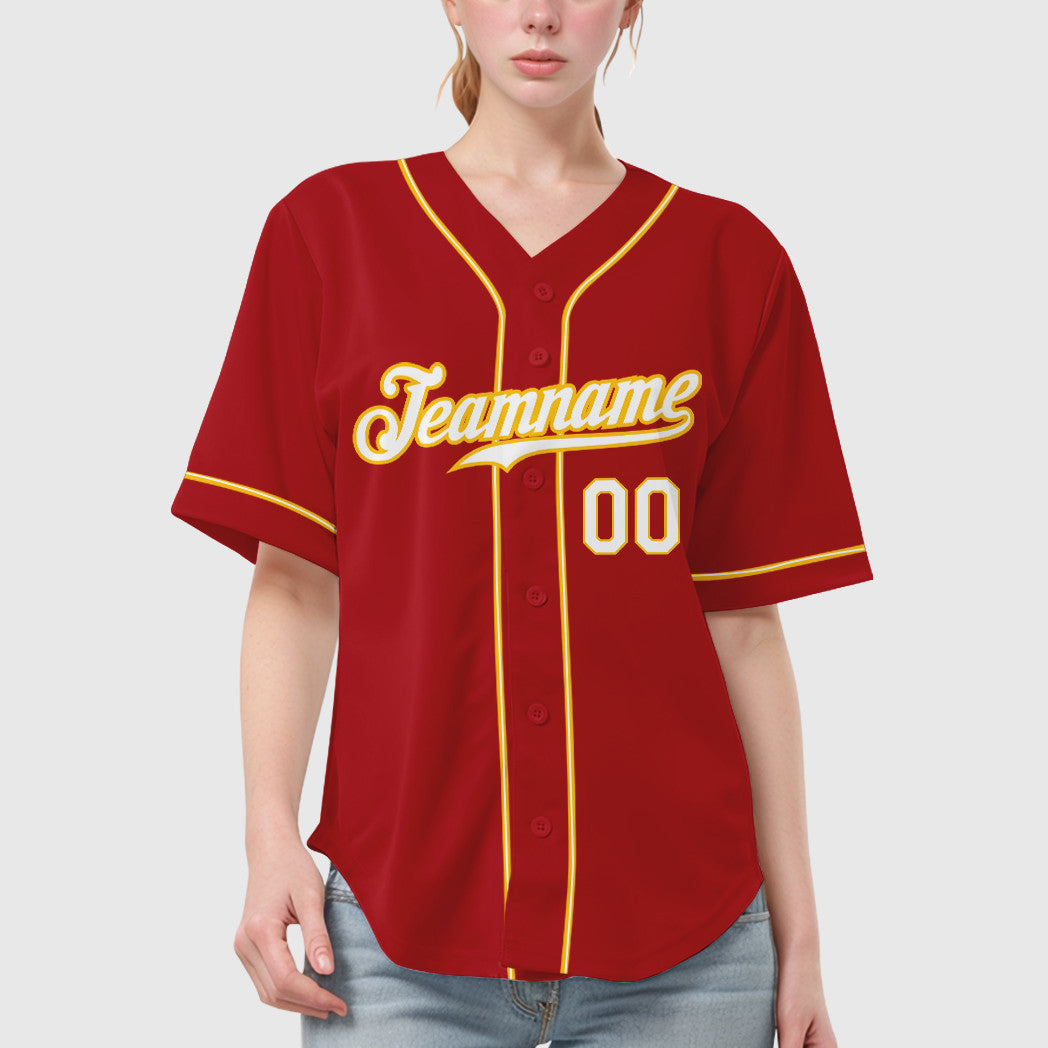Custom Red Gold White-Gold Sleeve Baseball Jersey