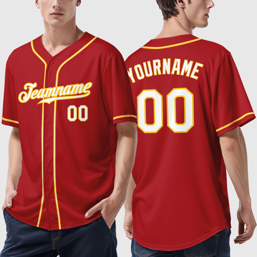Custom Red Gold White-Gold Sleeve Baseball Jersey