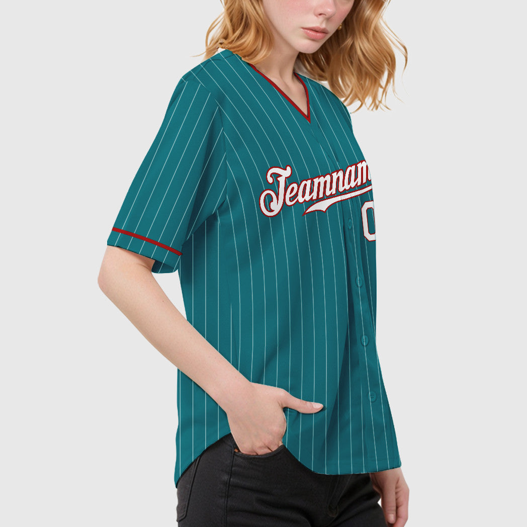 Custom Teal White White-Red Pinstripe Baseball Jersey