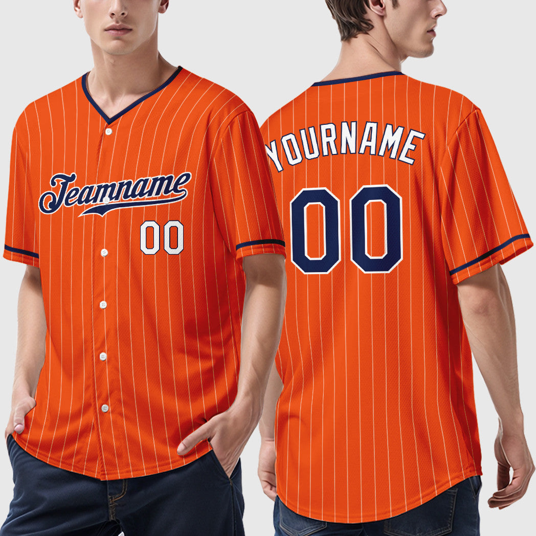 Custom Orange White Navy-White Pinstripe Baseball Jersey