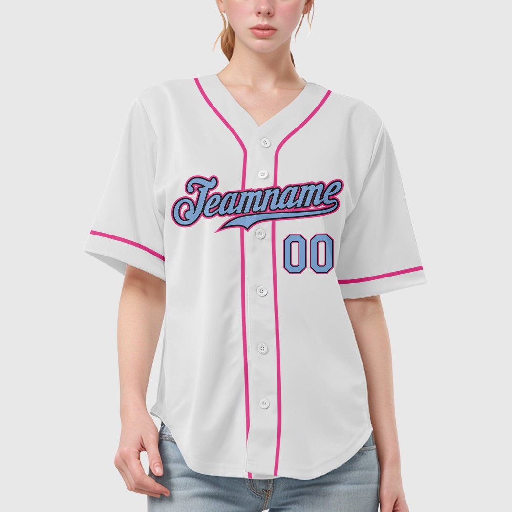 Custom White Light Blue Light Blue Black-Pink Sleeve Baseball Jersey