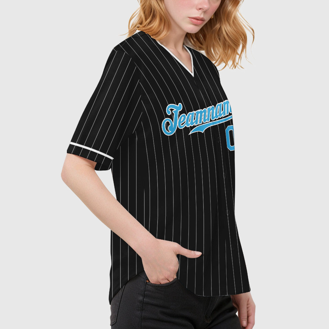 Custom Black White Pinstripe-Sky Blue Pinstripe Baseball Jersey