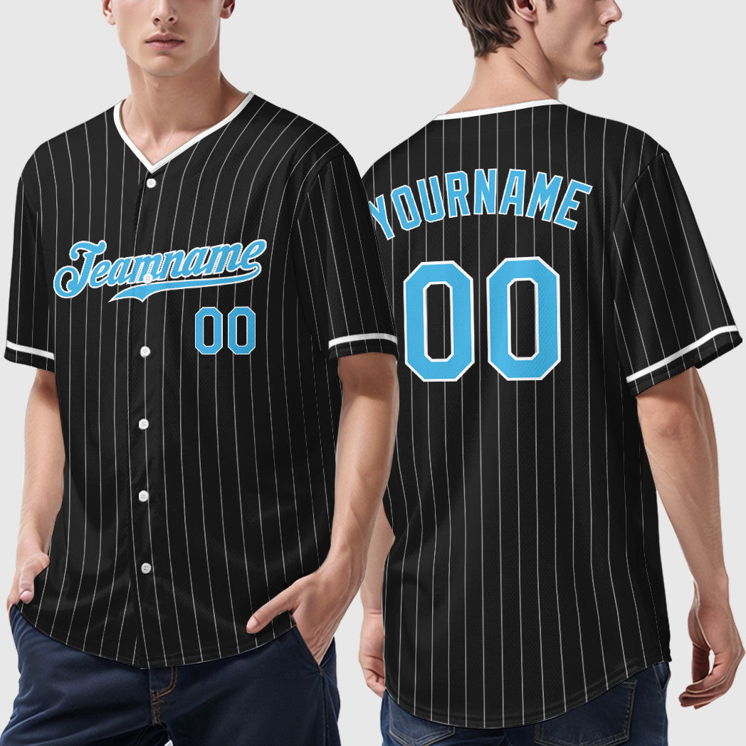 Custom Black White Pinstripe-Sky Blue Pinstripe Baseball Jersey